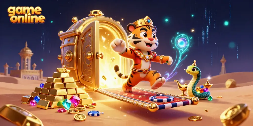 Experience game online excitement with a tiger sultan on a magical carpet amidst treasure and jewels.