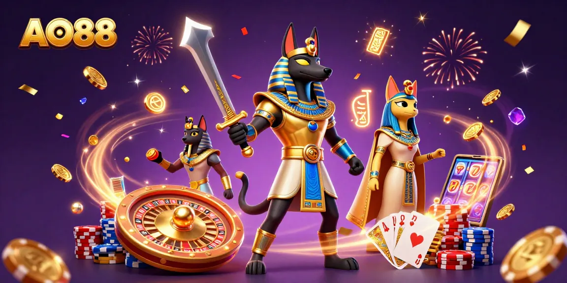 Spin with AO88: Anubis and Bastet celebrate wins in a vibrant casino scene.
