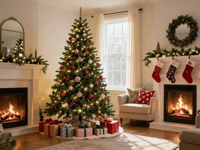 Pencil Christmas tree beautifully decorated in a cozy living room for the holidays.
