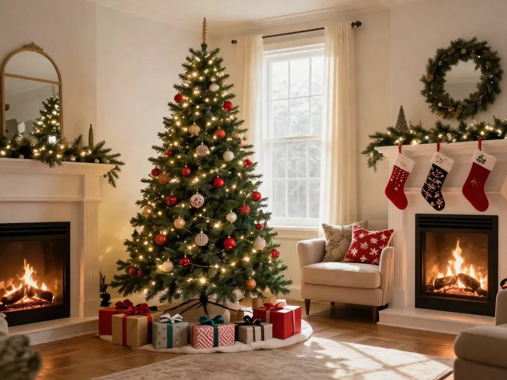 Pencil Christmas tree beautifully decorated in a cozy living room for the holidays.