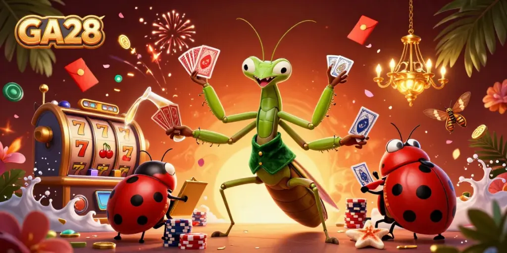 GA28 showcases an engaging scene with a giant praying mantis card sharp, vibrant slot elements, and a ladybug pit boss