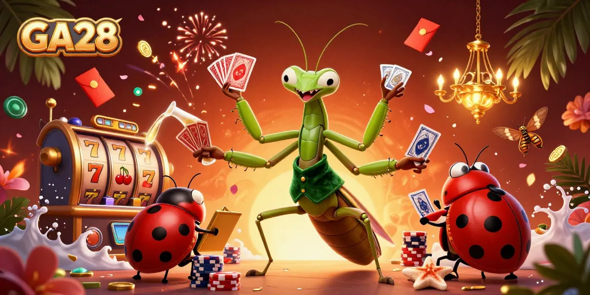 GA28 showcases an engaging scene with a giant praying mantis card sharp, vibrant slot elements, and a ladybug pit boss
