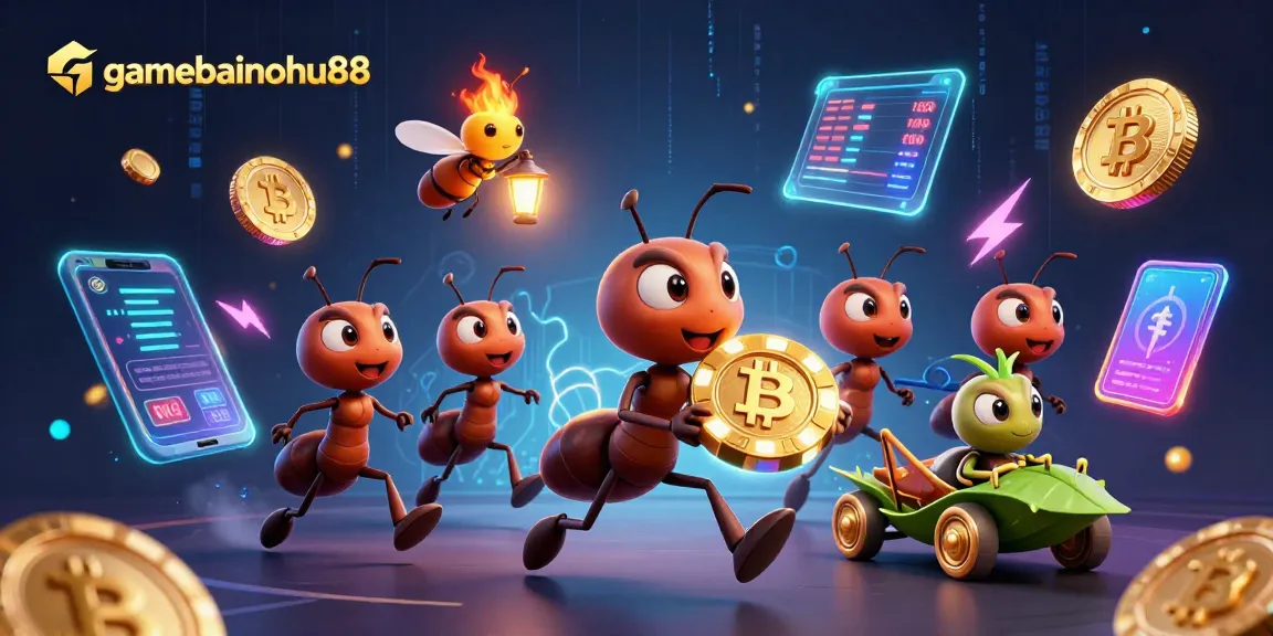 gamebainohu88 captures ants in a thrilling heist, showcasing golden poker chips in a vibrant crypto scene