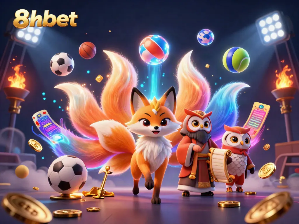 Engage in thrilling bets at 8xbet with an enchanting scene of a mystical fox and wise owl amidst vibrant sports elements.