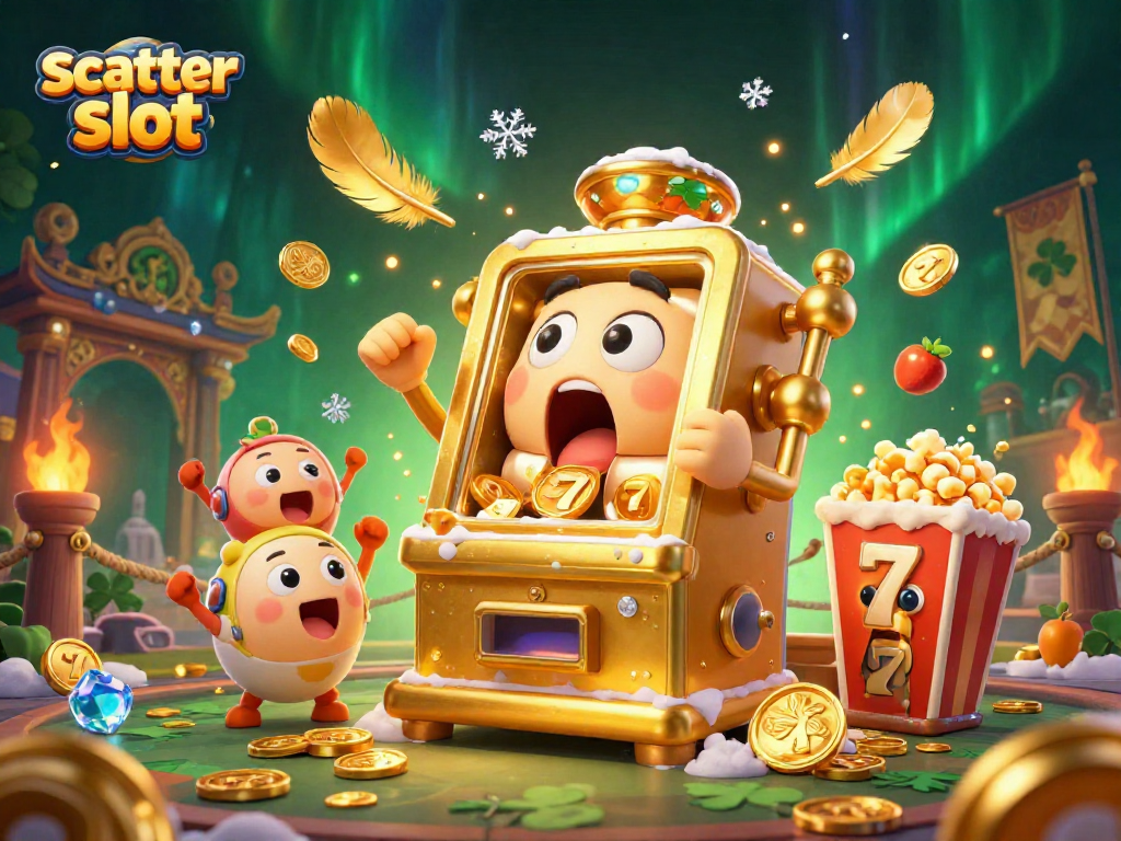 Experience the excitement of scatter slots with a lively scene of golden slot machines and coins.