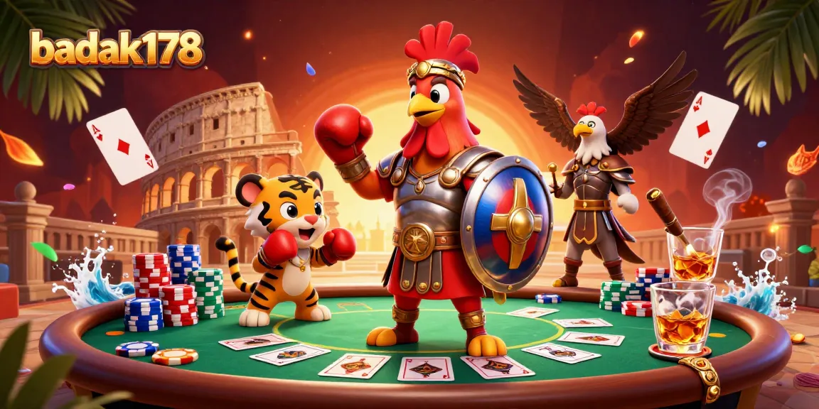 Experience epic poker battles with badak178 featuring a gladiator rooster and dynamic casino elements.