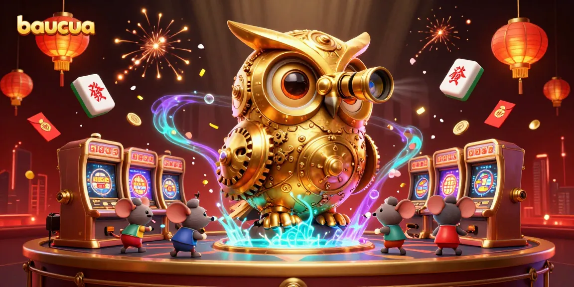 Join baucua's exciting game with a dazzling 3D casino scene featuring cartoon characters, mahjong tiles, and festive elements.