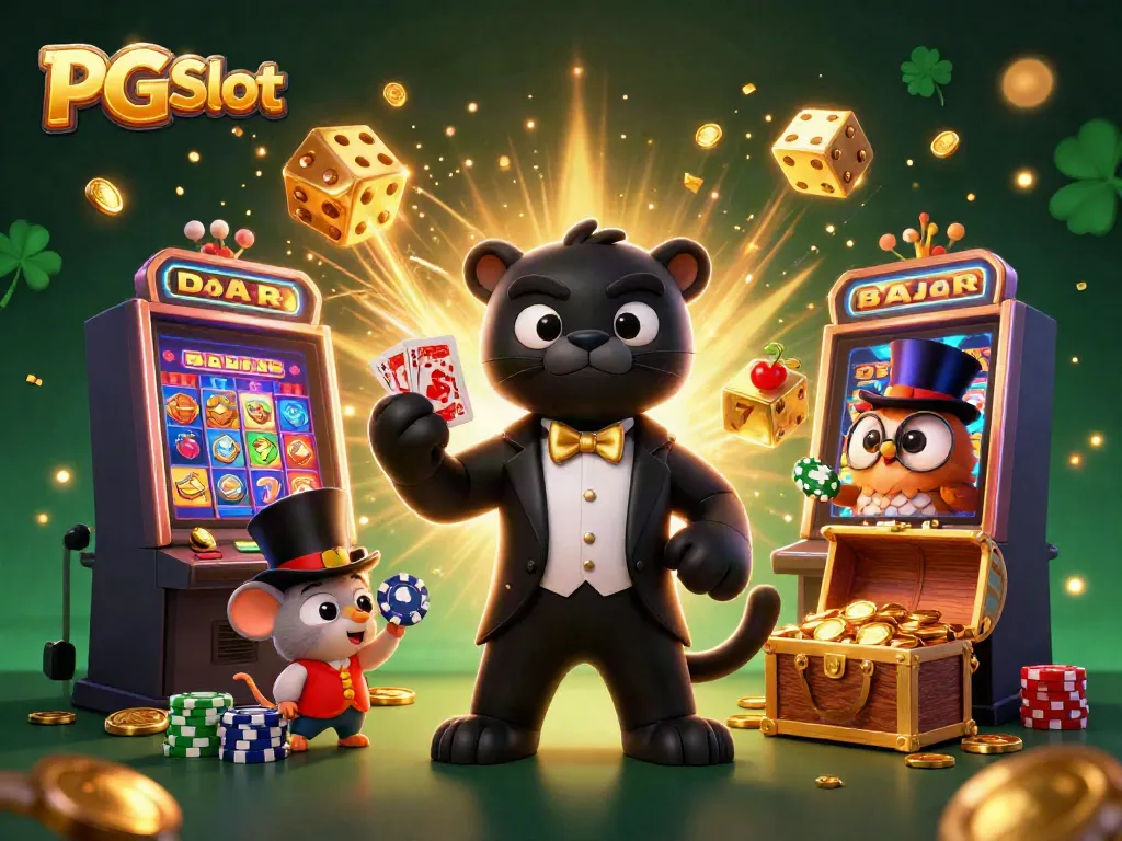 Slot PG dengan karakter kartun 3D, mesin slot, dan efek koin berkilau.