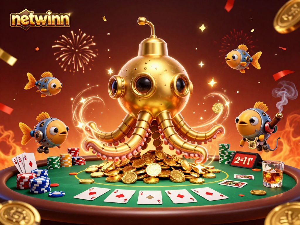 Engage with netwinn’s vibrant online casino experience featuring a golden kraken submarine in action.