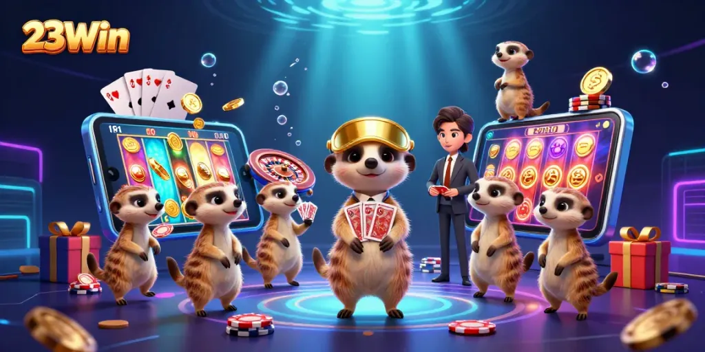 Experience thrilling gameplay with 23Win's lively meerkat casino illustration featuring dynamic elements.