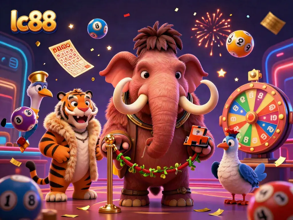 Engaging lc88 casino scene with a woolly mammoth bouncer, saber-tooth tiger guest, and dodo doorman welcoming players.