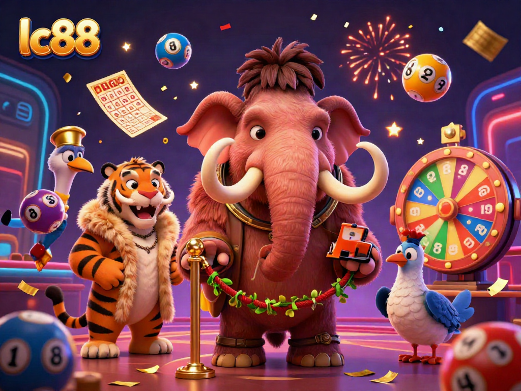 Engaging lc88 casino scene with a woolly mammoth bouncer, saber-tooth tiger guest, and dodo doorman welcoming players.
