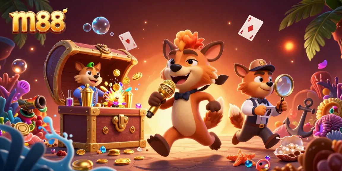 Experience the lively atmosphere at an m88 casino with hyena characters enjoying gaming fun.