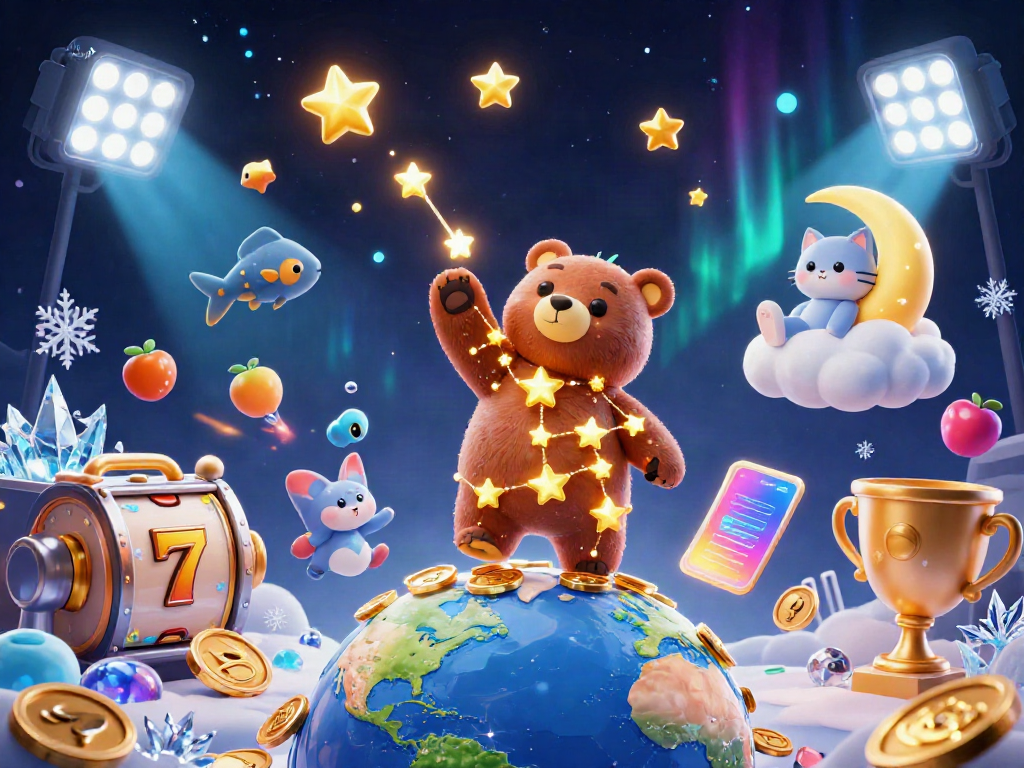 Engage with online casinos for thrilling slot games featuring a constellation bear, coins, and vibrant colors.