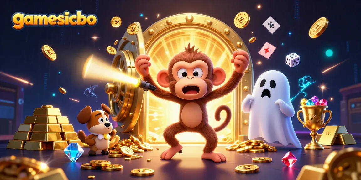 Experience the excitement of gamesicbo with a lively scene of a playful ghost monkey juggling treasures in a haunted casino.