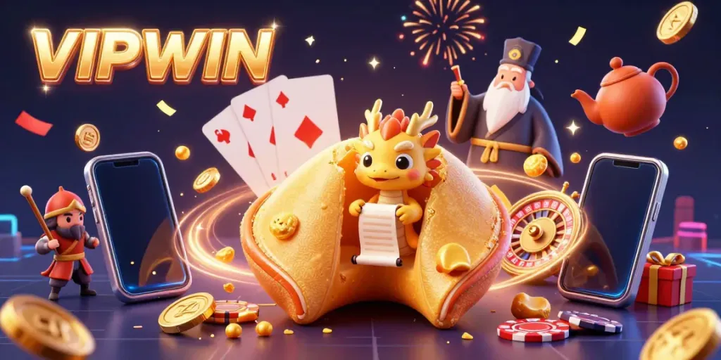 Experience thrilling casino action with VIPWIN's vibrant 3D illustration showcasing golden fortune cookies and game elements.