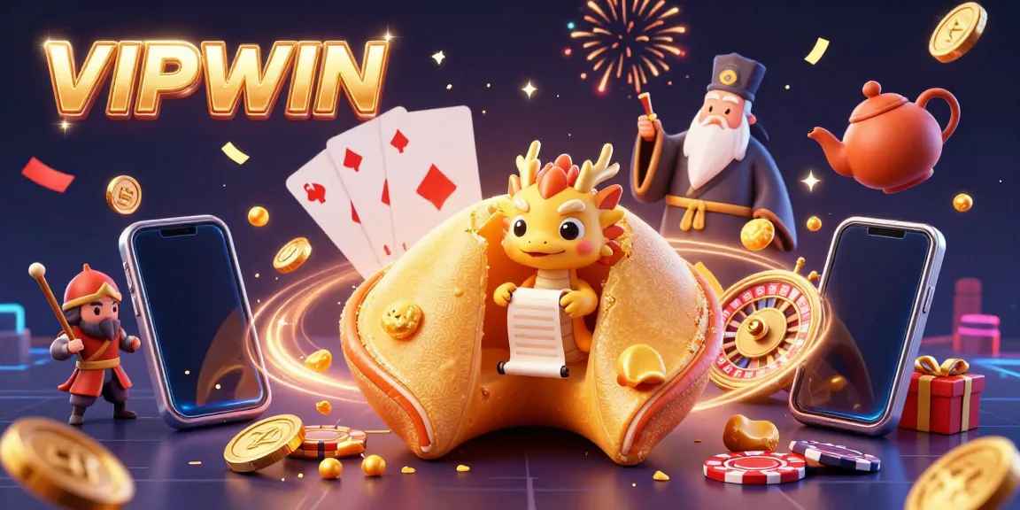 Experience thrilling casino action with VIPWIN's vibrant 3D illustration showcasing golden fortune cookies and game elements.