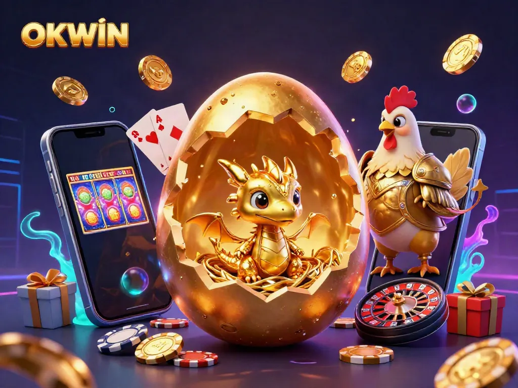 Experience thrilling gameplay at OKWIN with a golden dragon guarding poker chips amidst vibrant casino elements.