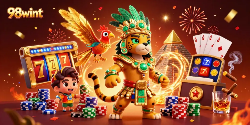 Engage with 98wintt's casino adventure, featuring vibrant characters, slot reels, and exciting gameplay elements.