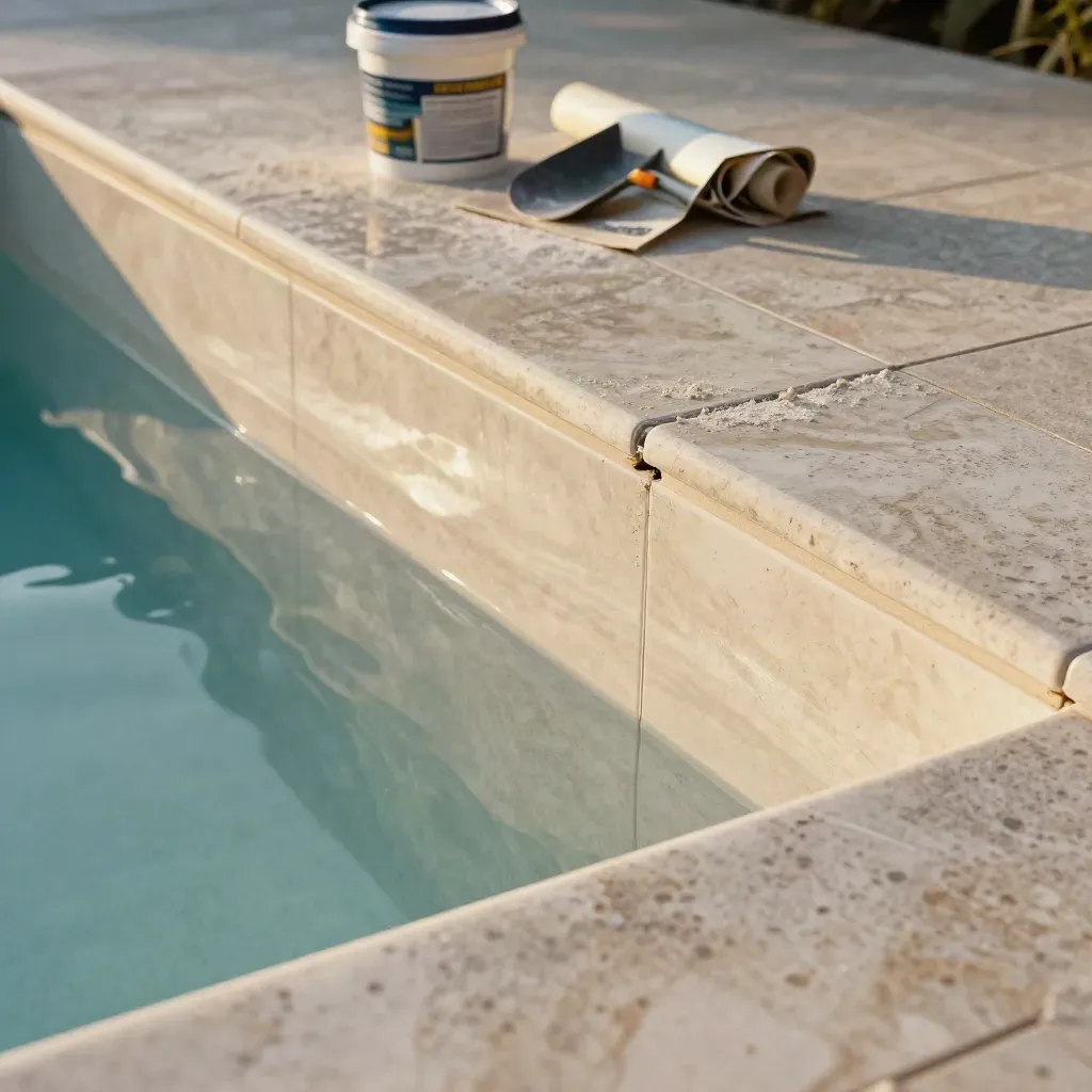 Drained pool basin with new liner seams and tile strips beneath travertine coping.