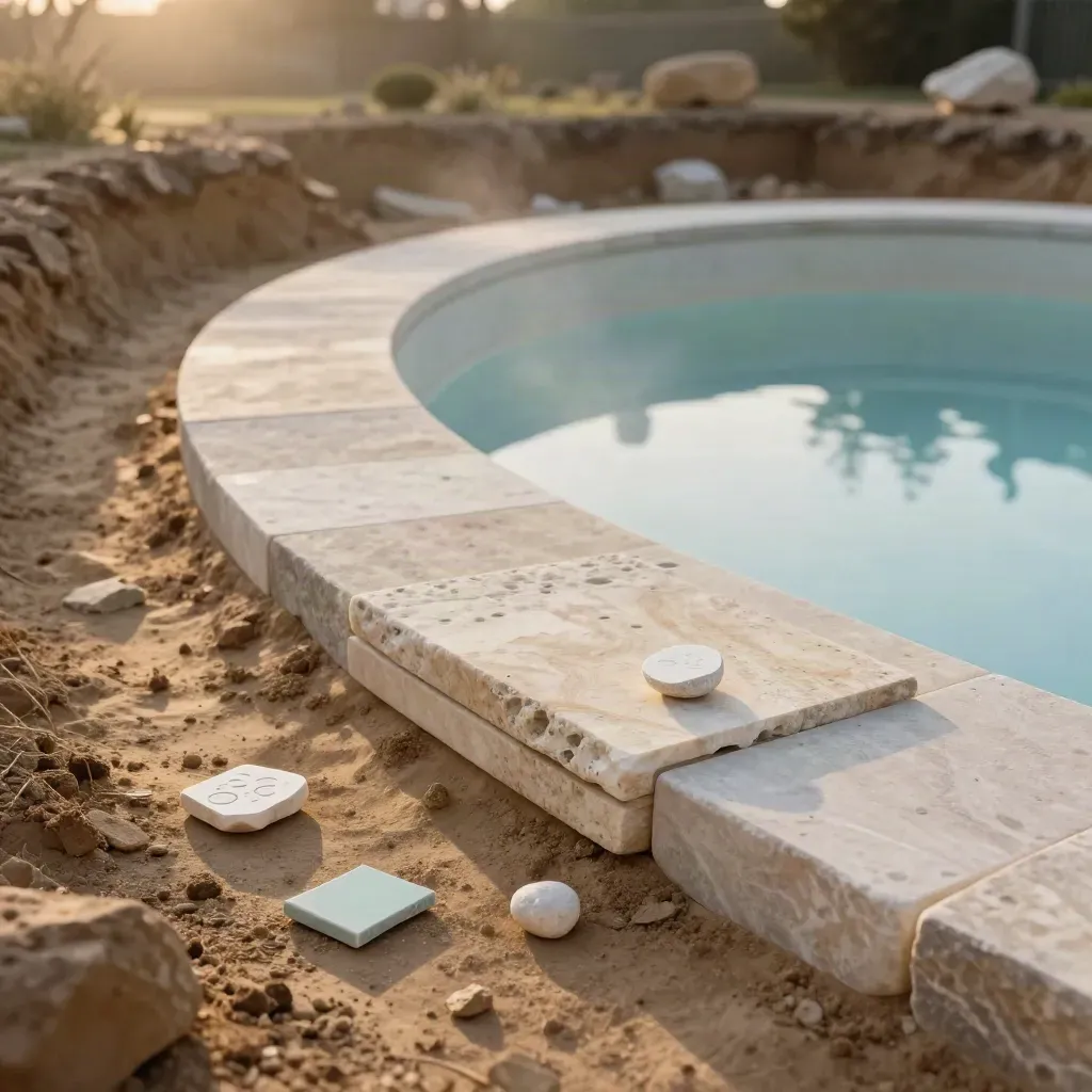 Curved pool excavation with coping samples and a small scale model on a warm dusk site