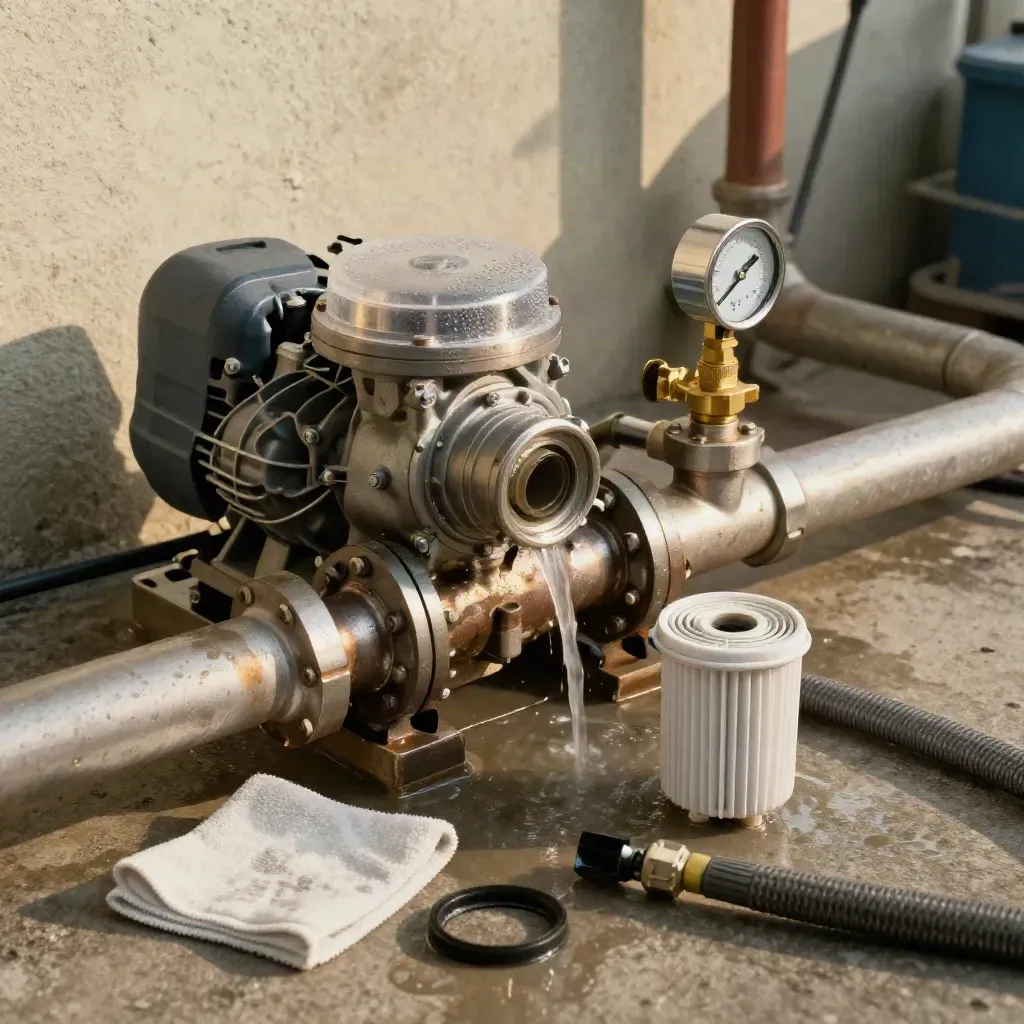 Rebuilt pool pump and cartridge filter priming on a damp equipment pad.