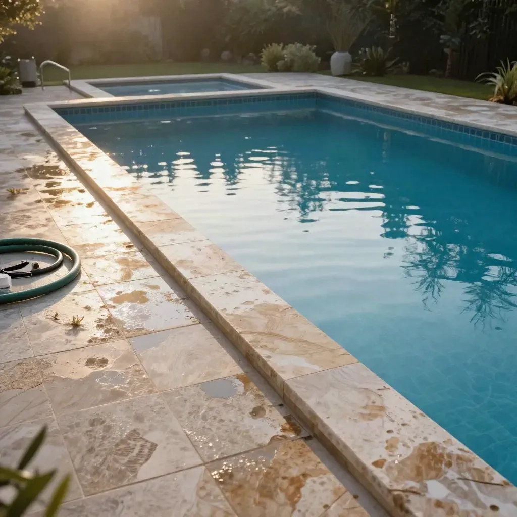 Finished backyard pool with travertine deck, wet stone, and misty palm reflections at dusk.