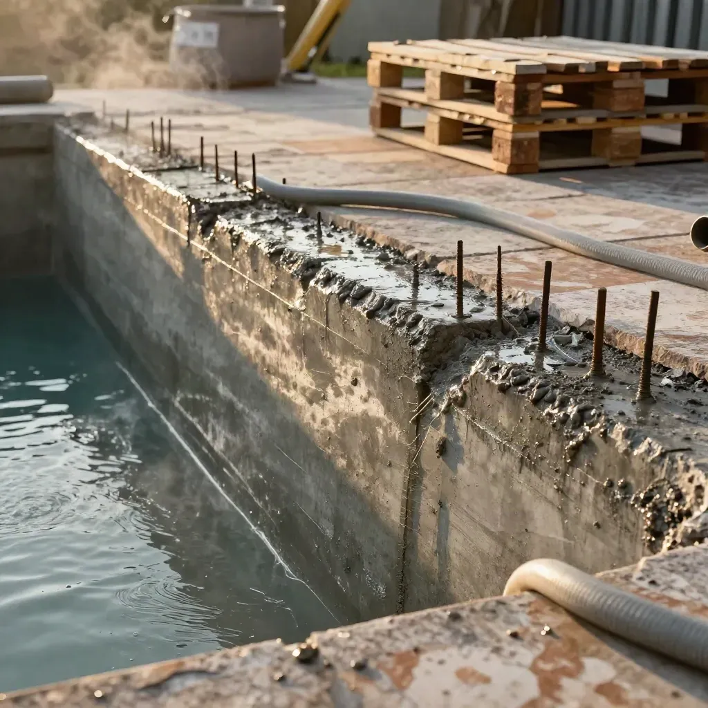 Wet shotcrete pool shell curing beside travertine pallets and a drain hose at sunset.
