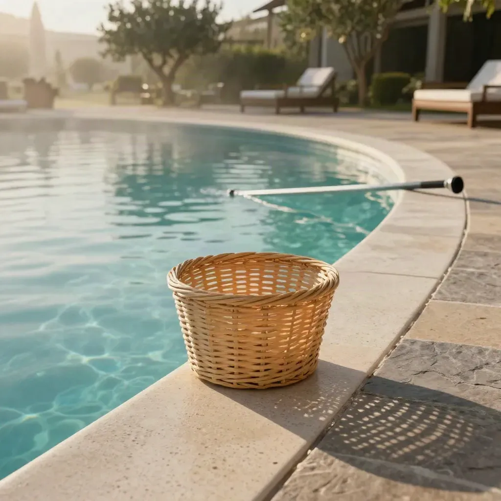 Pool skimmer basket, floating dispenser, and pole at a clean corner with morning mist