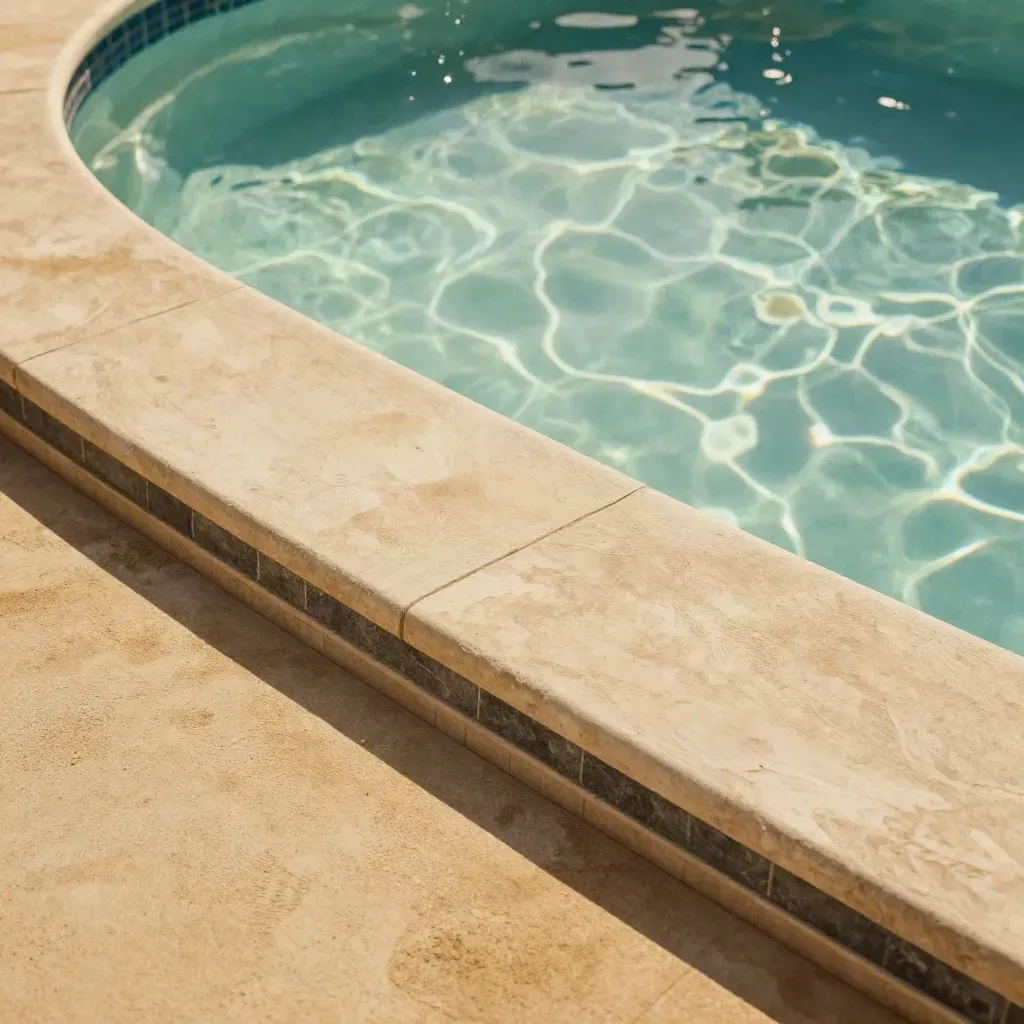 Freshly filled pool with new liner, tile, and coping in crisp resort light