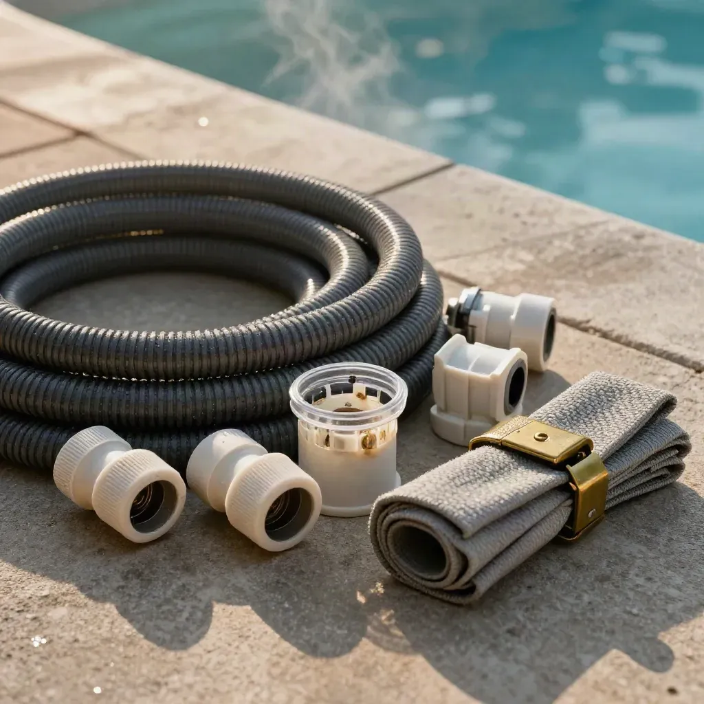 Macro of pool winterizing items on an equipment pad beside the pool edge.