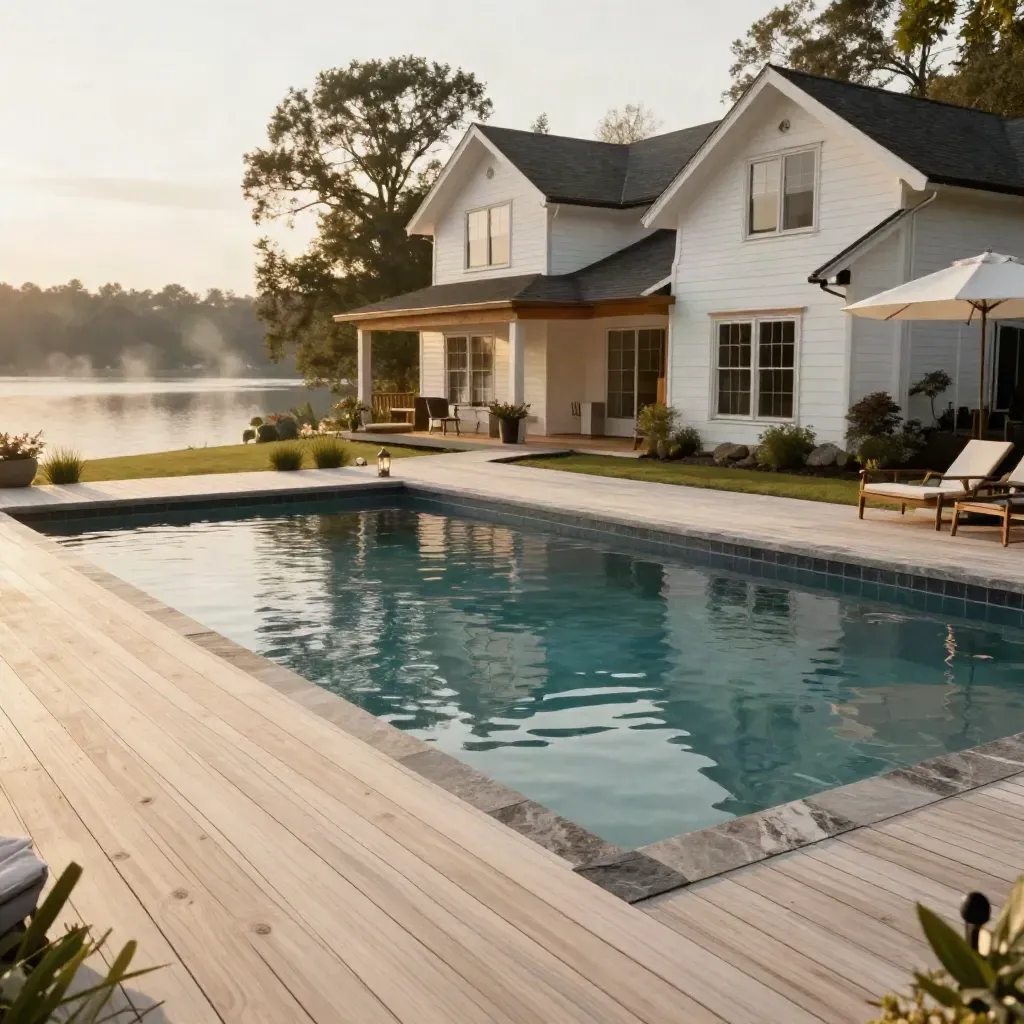 Empty lakehouse pool with pale deck boards, dark tile, and calm water reflecting the façade.