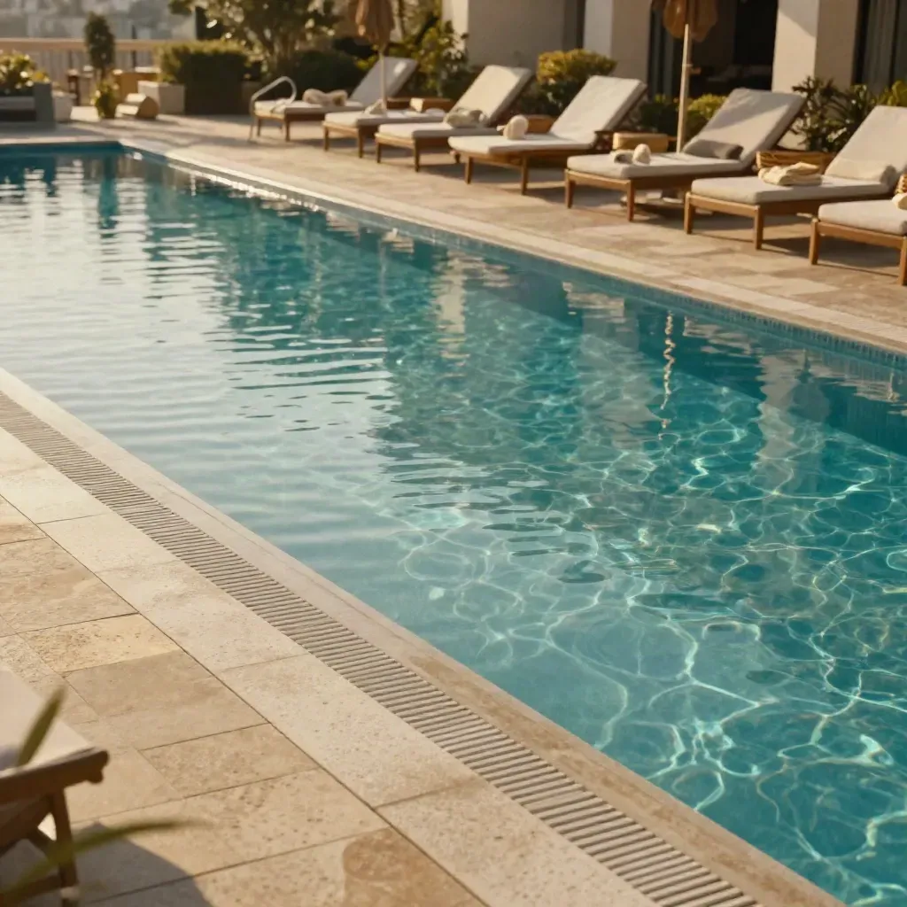 Empty resort lap pool with glassy water, travertine edge and shaded loungers at golden hour.