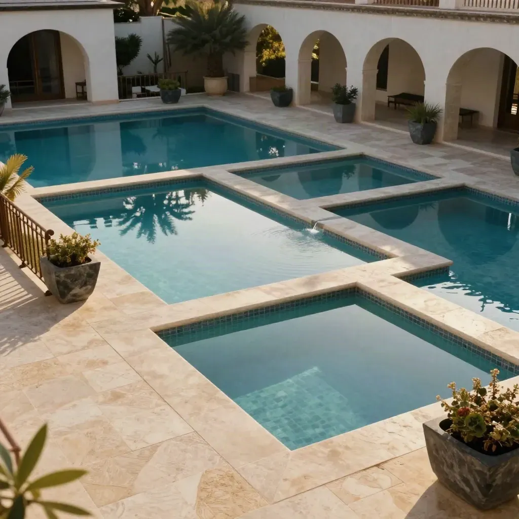 Four serviced pool basins in a moody courtyard villa, seen from a shaded terrace in golden haze.