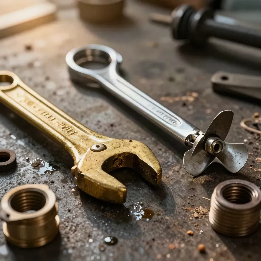 Brass pool wrench, skimmer hook, and chipped impeller on a dark, dusty workbench.