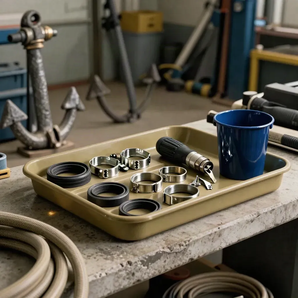 Pool service kit with O-rings, hose clamps, seals, and driver on a concrete shelf.