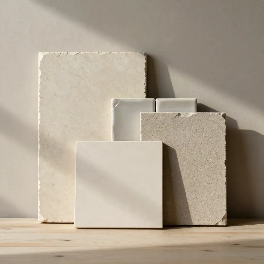 Coping stone, tile, and paver samples on pale wood, with a blank chip in front.