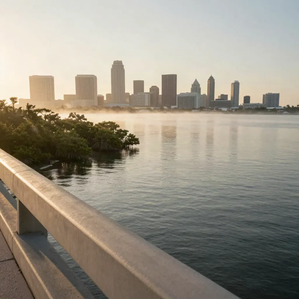 Dawn bridge view over Tampa Bay with mangroves, skyline, misty water and calm copy space.