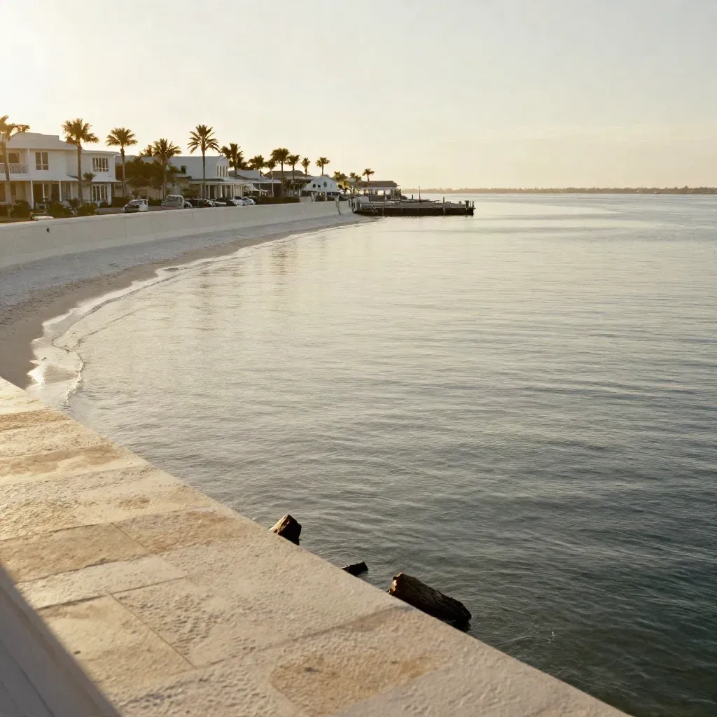 Golden-hour Clearwater waterfront panorama with marina edge, low palms, and calm open water.