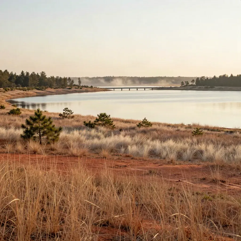 Pasco East morning landscape with pine scrub, still lake, and a distant low bridge in warm haze.