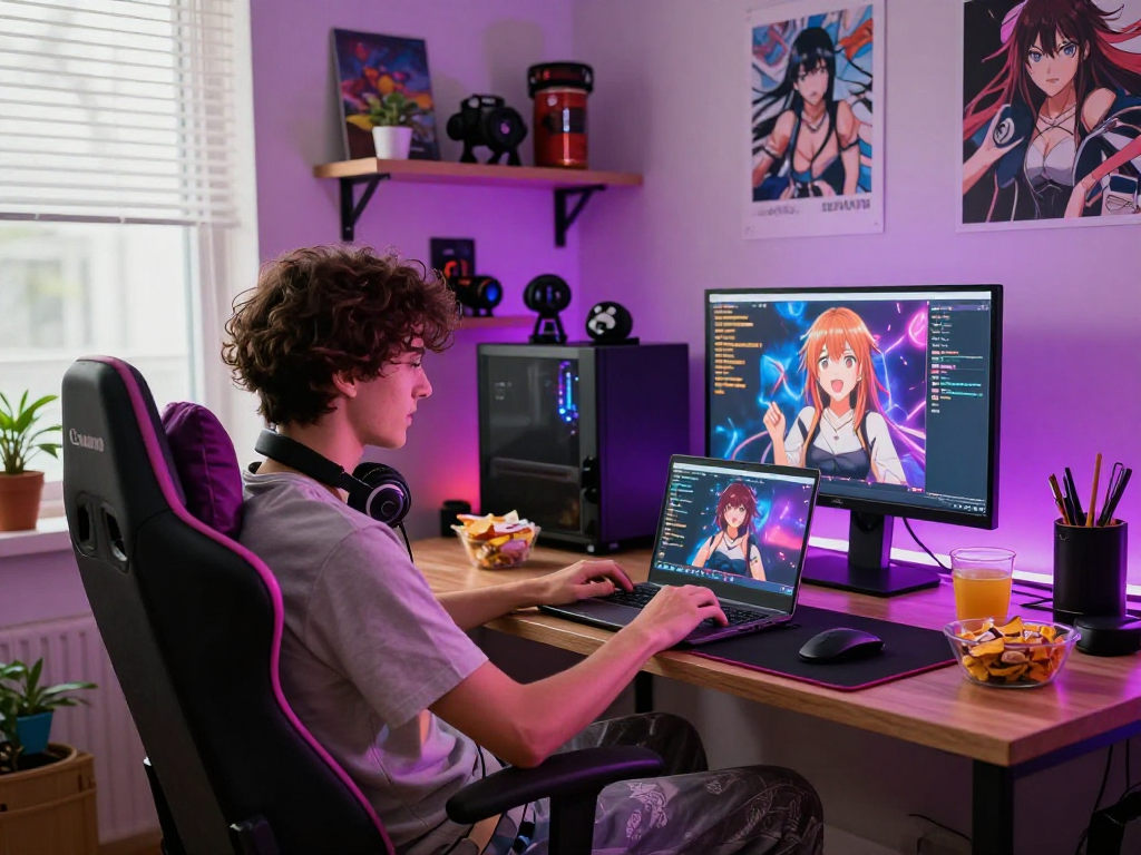 Engaged user enjoying hentai chat in cozy home office, colorful decor, inviting atmosphere.