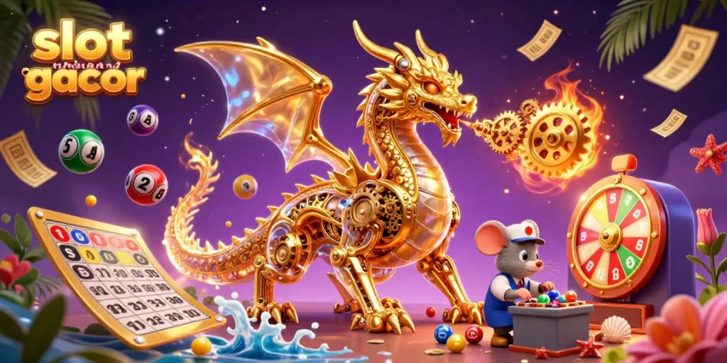 Engage with slot thailand gacor showcasing a vibrant 3D casino scene with a golden dragon and dynamic gaming elements.