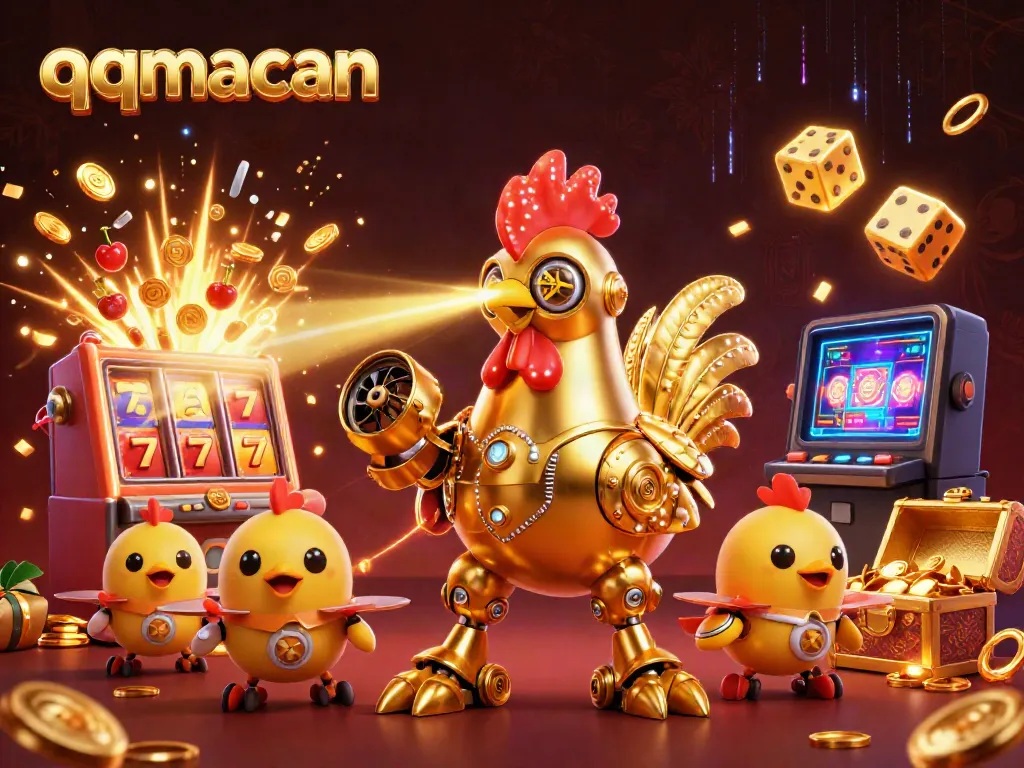 Experience excitement with qqmacan in a vibrant 3D casino scene filled with jackpot symbols.