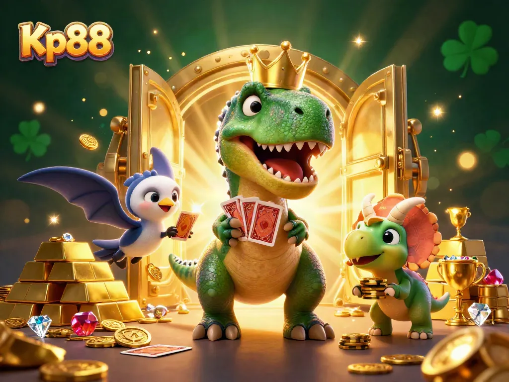 Kp88 showcases a vibrant online casino scene with card-playing dinosaurs and golden treasures.