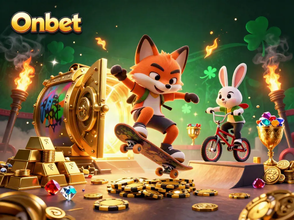 Onbet showcases a thrilling casino adventure with a skateboarder fox and BMX rabbit amidst gold coins and poker chips.