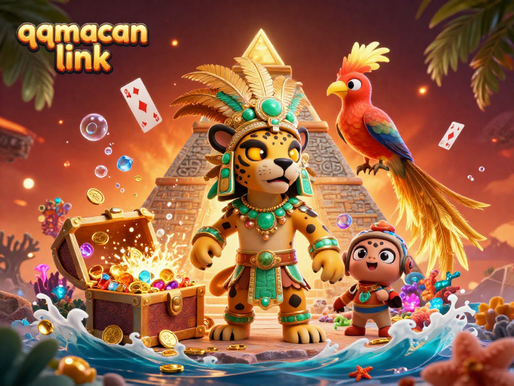 Engage with the qqmacan link in this vibrant Mayan-themed casino scene filled with treasures.