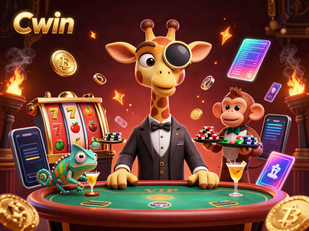 Cwin showcases a high-roller giraffe and friends at a VIP poker table amidst slot reels and crypto coins.