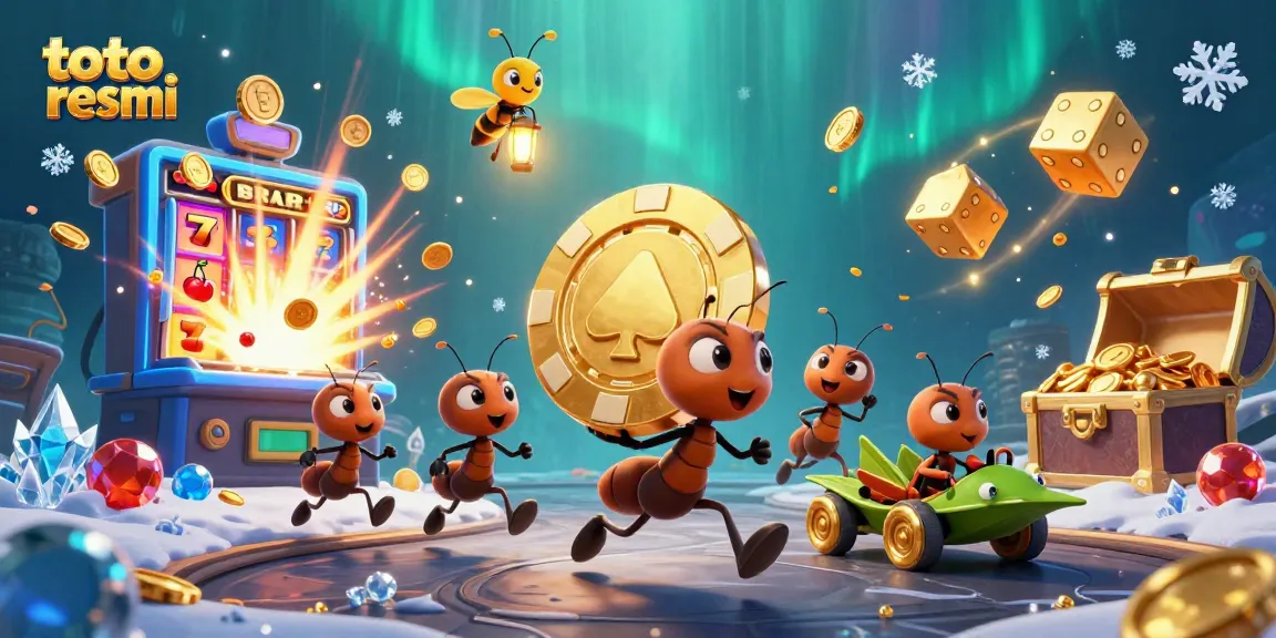Geng semut 3D mencuri chip poker emas dalam toto resmi, dikelilingi oleh mesin slot mencolok dan koin berkilau.
