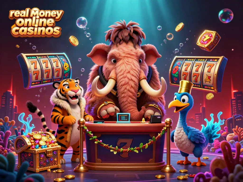 Experience real money online casinos with a vibrant 3D casino scene featuring characters and gaming elements.