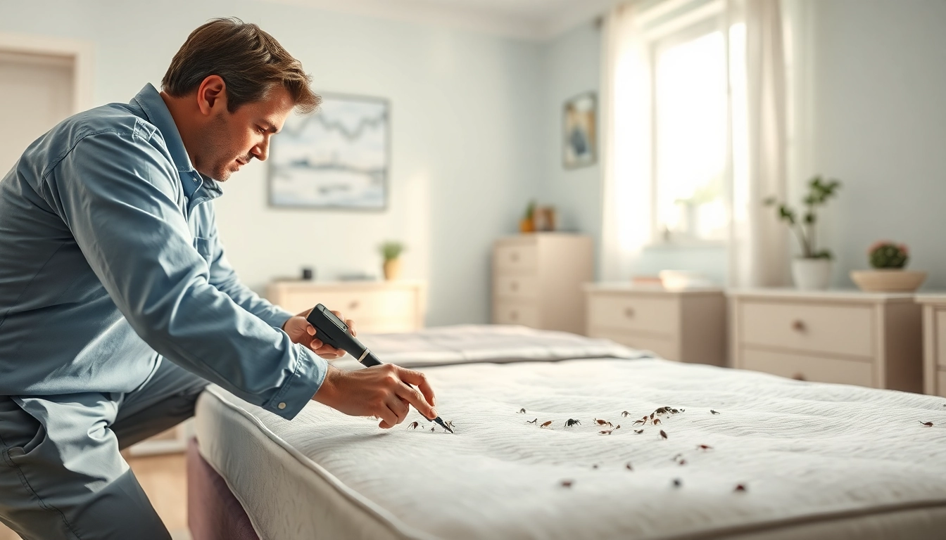 Technician conducting bed bug removal in a neat bedroom, emphasizing professional pest control methods.